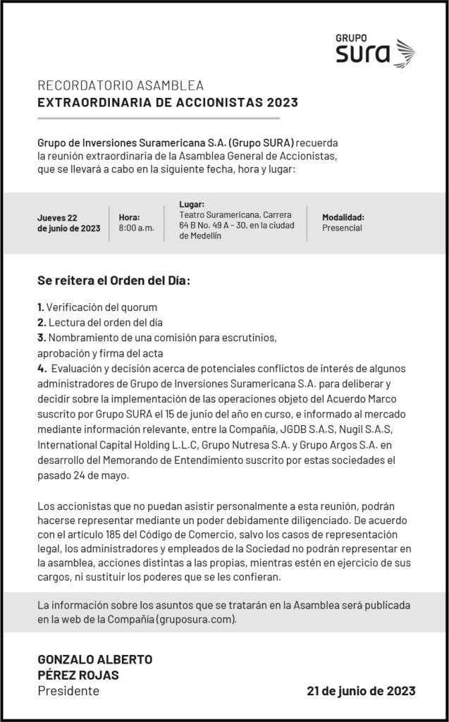 Imagen recordatorio de asamblea extraordinaria de accionistas 2023 Grupo SURA